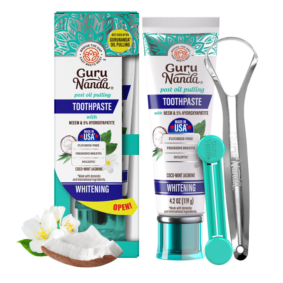Gurunanda Hydroxyapatite Toothpaste, Sls & Fluoride Free, Whitening Toothpaste With Tongue Scraper & Squeezer - Freshens Breath, Fights Plaque - Natu