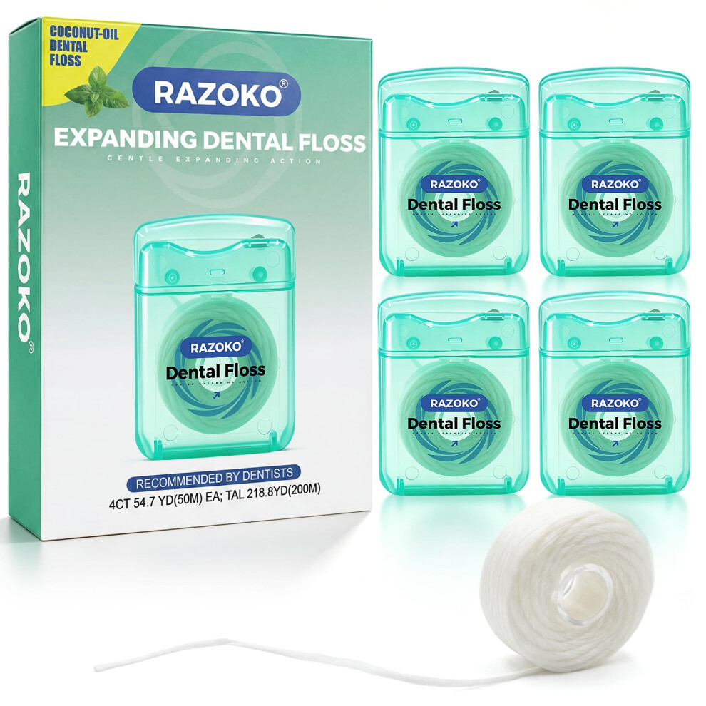 Razoko Coconut Oil Expanding Dental Floss - Gentle On Teeth & Gums, Kid-Friendly, Waxed, Light Mint Flavor, Ptfe & Pfas Free, 4 Spools - Mint Flavor