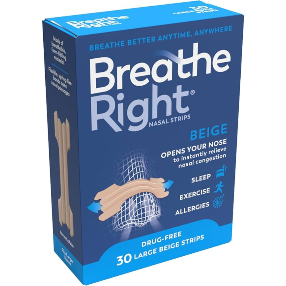 Breathe Right Nasal Strips, Stop Snoring Aids For Men & Women, Large Anti Snore Strips, Original Tan, 30 Strips