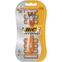 BIC 3 Hybrid , Men's Triple-Blade Razors for Men, Long Curved Handle