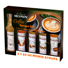 MONIN Coffee Syrup Gift Set 5x5cl. 1x Vanilla, 1x Caramel, 1x Hazelnut, 1x Creme Brulee, 1x Gingerbread Syrup for Coffee. Flavoured Coffees, Hot Choc