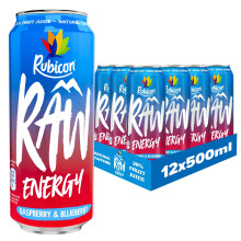 Rubicon RAW 12 Pack Raspberry & Blueberry 500ml Energy Drink, 20% Real Fruit Juice, High caffeine with B-Vitamins, Ginseng & Guarana, No Artificial C