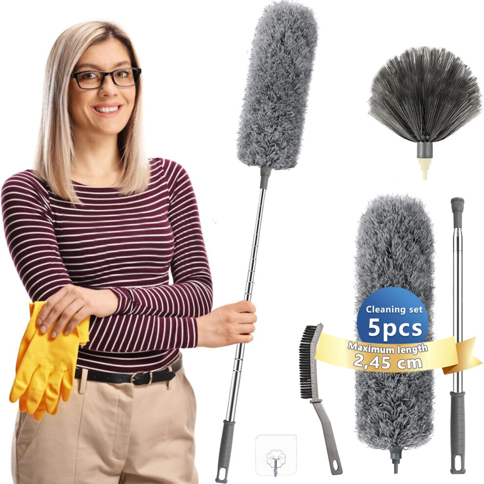 Gentle Monkey Feather Duster,Dusters For Cleaning Extendable,With30-245Cm Pole Telescopic Cobweb Brush Grey5pcs