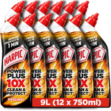 Harpic Power Plus Toilet Cleaning Gel, Original, 750ml (12 x 750ml, Total 9.0L), Removes Limescale in 1 minute, Powerful Deep Clean, Toilet Cleaner,