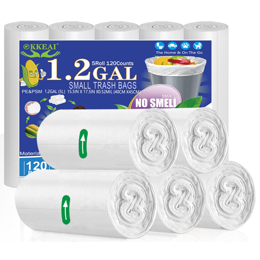 Okkeai Small Trash Bags 5L Bin Bags White Bin Liner 120 Counts Mini Garbage Bags For Wastebasket,Bathroom,Office,Toilet,Fit 3L,4L,5L,6 Pedal Waste Bi