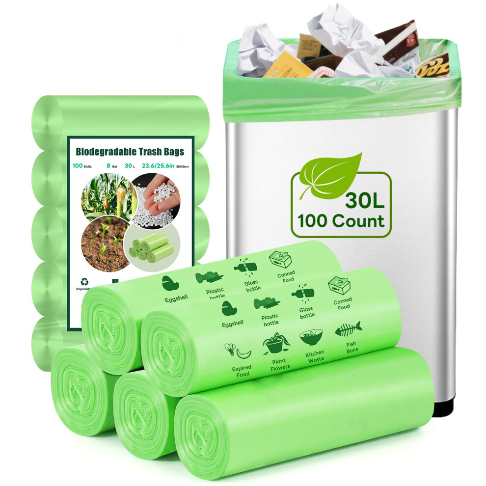 Vosyinm Compostable Bin Bags 30L 100 Count - Biodegradable Bin Liners For Food Waste, Strong Pedal Food Waste Trash Bag Compost Bin Liner For Kitchen Office