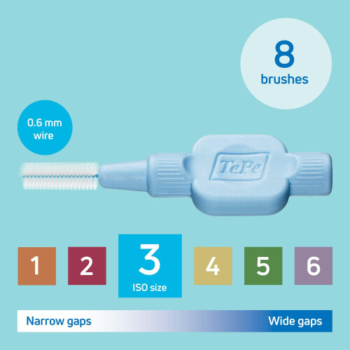 Tepe TePe Interdental Brush, Extra Soft, Blue, 0.6mm/ISO 3, 8pcs, Plaque 1