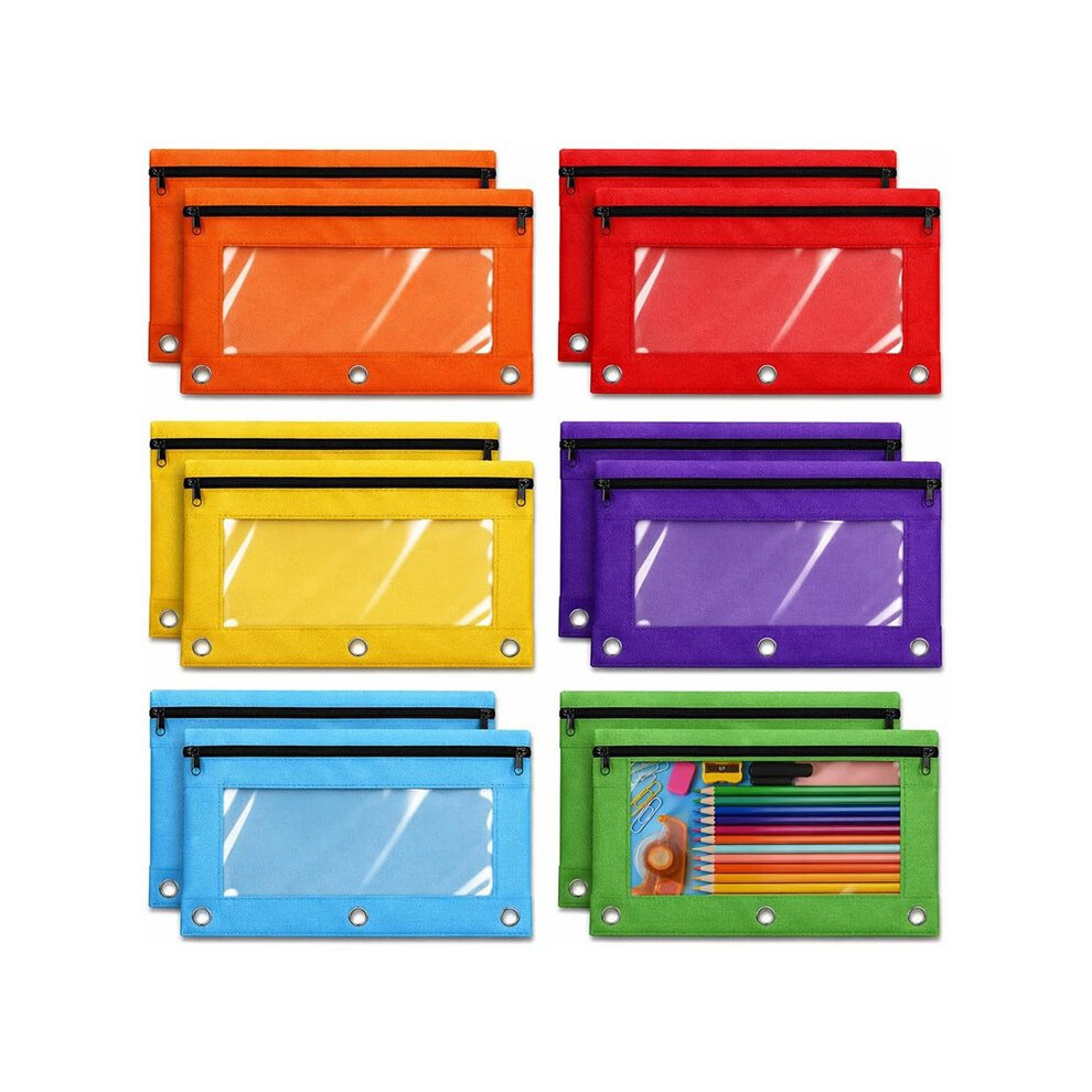 Saudism 12 Pack Pencil Pouch For 3 Ring Binder, 3-Holes Zipper Pencil Pouches With Clear Window, Pencils Bags