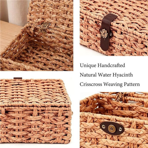 Wicker Storage Basket with Lid, Natural Seagrass Rectangular Woven Basket, Storage Boxes for Shelf Decor,for Home Small 1