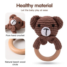 Wooden Baby Rattle Crochet Bear Toys Handmade Newborn Toy Early Development Grips Stuffed Animal Organic Rattle