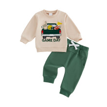(18-24 Months, Green) 2Pcs Toddler Boy Fall Outfit Crew Neck Long Sleeve Game Day Themed Embroidery Pullover Sweatshirt and Joggers Pants Set