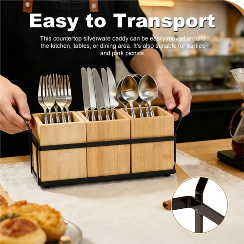 Bamboo Kitchen Utensil Holder for Countertop, 3-Compartment Organizer for Cooking Tools, Silverware, and Spatulas 1