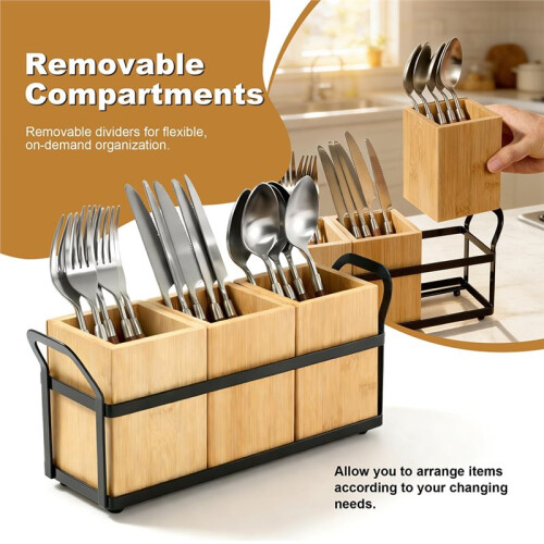 Bamboo Kitchen Utensil Holder for Countertop, 3-Compartment Organizer for Cooking Tools, Silverware, and Spatulas 2