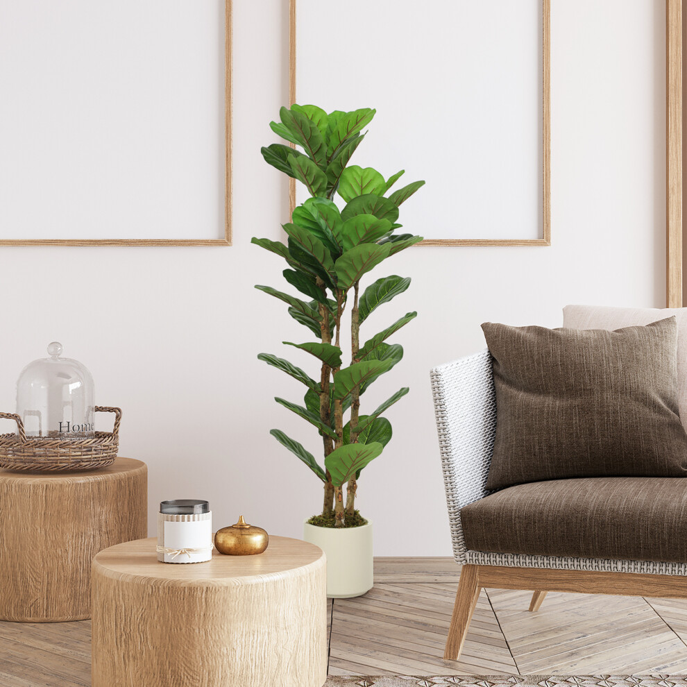 Homcom 120Cm Artificial Fiddle Leaf Fig Tree With Solid Wood Trunks