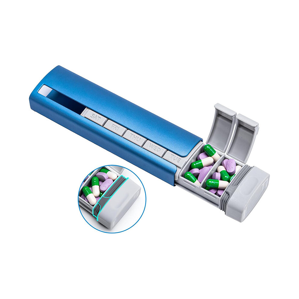 Stoyotu Blue (Blue) 7-Day Pill Organizer Premium Aluminum Alloy Durable Portable Medication Storage Holder Travel Daily Tablets Vitamins Case