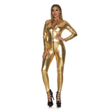 (Gold, XL) XL5色 表演Women Shiny High Stretch Catsuit Full Body Jumpsuit with Front Zipper Stand Collar