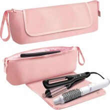 (Pink) Foldable Heat Resistant Hair Tools Bag Travel Curling Wand Flat Iron Hair Dryer Storage Pouch with Heatproof Mat