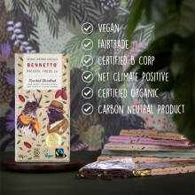 Toasted Hazelnut Dark organic chocolate with crunchy toasted hazelnuts. 60% cocoa. Certified organic, Fairtrade, and net climate positive. Beautiful