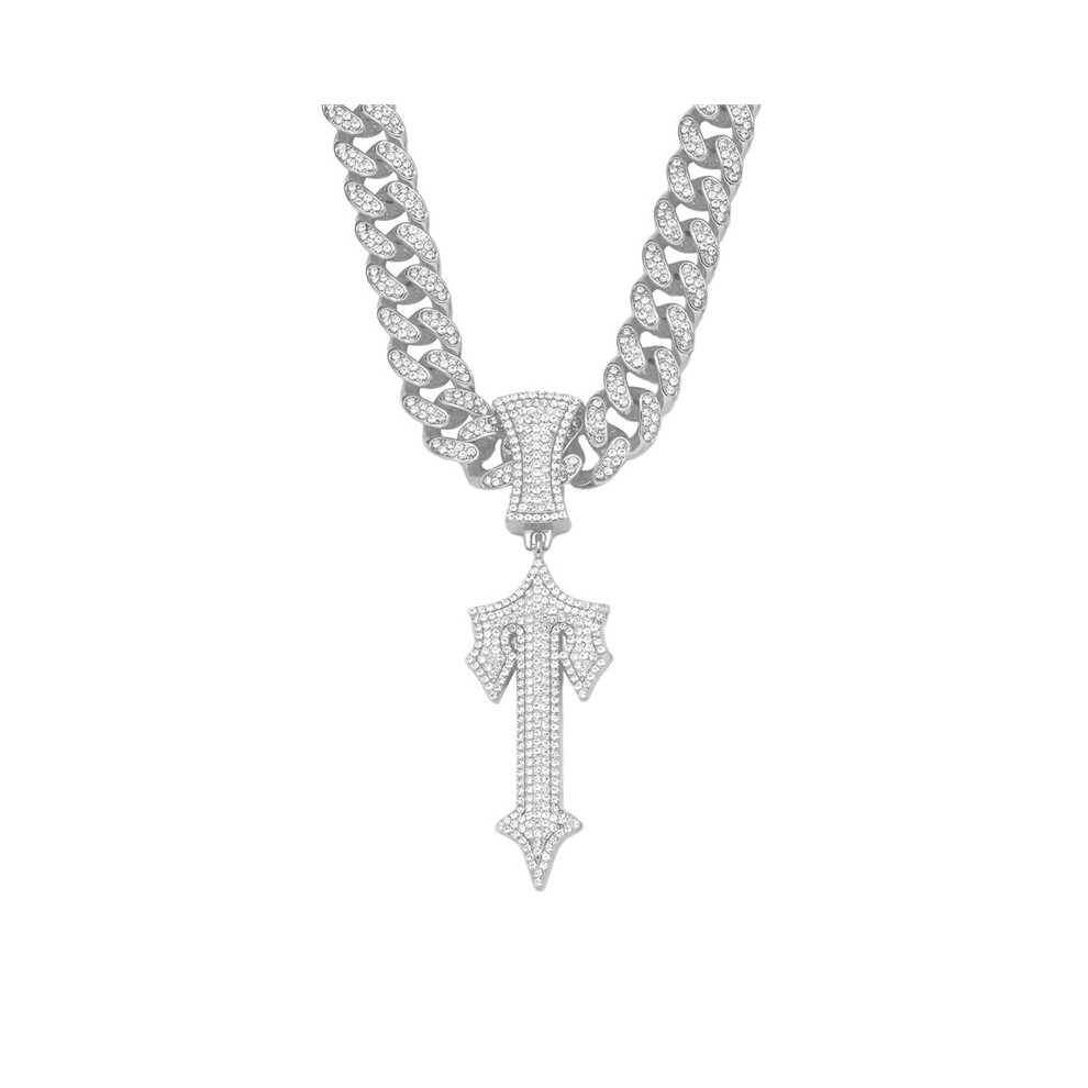 (Silver) Hip Hop Sword Pendant Necklace Iced Out Rhinestone Alloy Charm With 50Cm Chain Silver