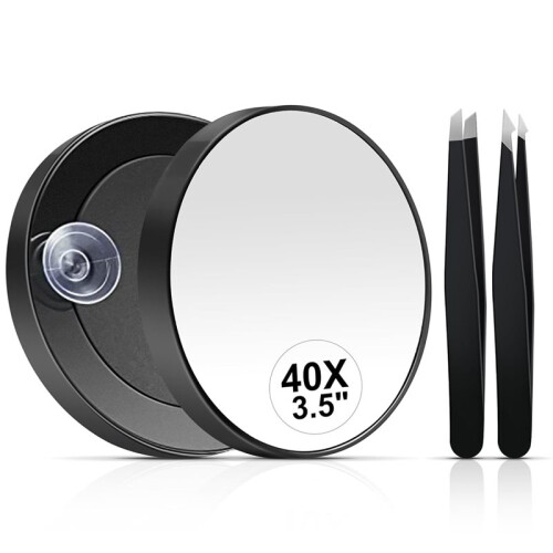 Espelho de Aumento 40x, Redondo e Compacto de 8,9 cm (3,5 Polegadas), com Ventosa, Ideal para Maquiagem, Sobrancelhas e Barba, Perfeito para Viagens.