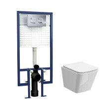 Hilderstone Contemporary Square Wall Hung Toilet Pan and Seat with Concealed Cistern and Flush Plate with Square Buttons - White/Chrome