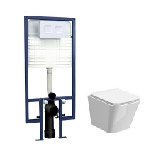 Hilderstone Contemporary Square Wall Hung Toilet Pan and Seat with Concealed Cistern and Flush Plate with Square Buttons - White
