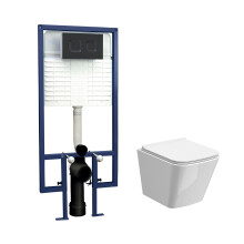 Hilderstone Contemporary Square Wall Hung Toilet Pan and Seat with Concealed Cistern and Flush Plate with Square Buttons - White/Black