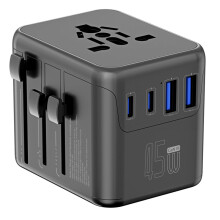 45-W-Universal-Reisesteckdose mit 2 USB-A- und 2 USB-C-Anschlüssen, Selbstzurückstellender Sicherung und Kompakter Mehrfachladestation