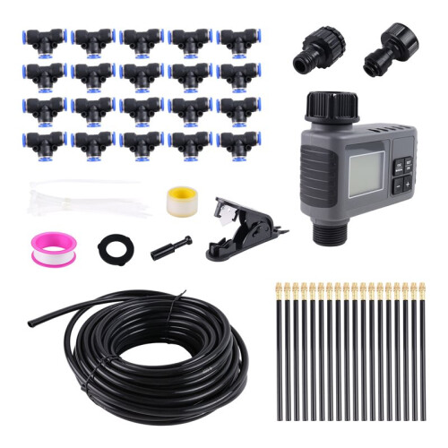 60Ft Drip Irrigation System with  Water Timer, Solid Brass Connectors, 360 Adjustable Nozzles, Bendable Tubing 1