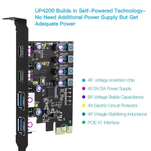 Carte D'Extension PCI Express 2  USB/USB-C 5 Gbit/S USB 3.2 Gen1 USB 3.0 PCIe pour Windows/Linux 1