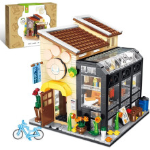(bookstore,with box)Creative Bouquet Store House Bookstore Model Building Block City Landscape Summer