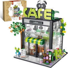 (coffeeshop,with box)Creative Bouquet Store House Bookstore Model Building Block City Landscape Summer