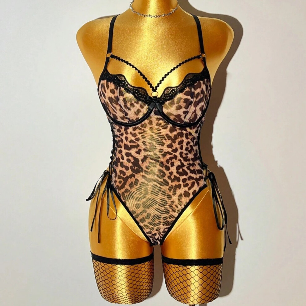 (Leopard print, 2XL) European and American Leopard Print Hollow Lace Hot Girl Sexy One-piece Sexy Underwear