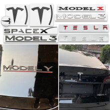 (Front Matte Black)3d ABS Chrome Black Red Logo Dual Motor Emblem Letters Car Trunk Badge For Tesla