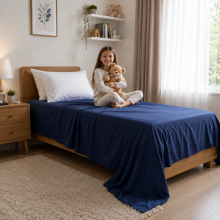 (Navy - 225cm x275cm) Luxor Double Size Children's Flat Sheet | 100% Egyptian Cotton 200 Thread Count Luxury Hotel Quality Toddlers Bed Sheet