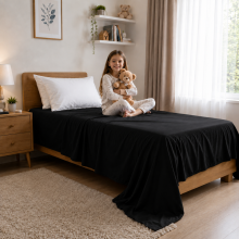 (Black - 225cm x275cm) Luxor Double Size Children's Flat Sheet | 100% Egyptian Cotton 200 Thread Count Luxury Hotel Quality Toddlers Bed Sheet