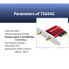 7265AC Pro WiFi5 Karte 2,4 GHz/5 GHz Dualband 1200 Mbit/S BT4.2 PCI-E Drahtlosnetzwerkadapter mit 8-DB-Antenne für Win7/8/10/11