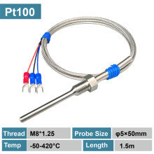 (M8-1.25-5-50mm-H) Zeer nauwkeurige PT100 RTD-sensorprobe, roestvrij staal met schroefdraad, waterdicht