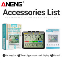 (Zwart) Digitale thermo-hygrometer met klok ANENG AP01, sluimerfunctie, luchttemperatuurmeter, luchtvochtigheidsmeter,