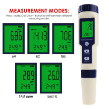 (5-in-1) pH-meter, TDS-meter, EC-meter, ORP-meter, zoutgehalte-meter, SG-meter en temperatuurmeter met