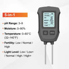 (5-in-1) 5-in-1 bodemtester, vochtmeter, pH 3-9, temperatuur 0-60, licht, vruchtbaarheid, LCD-scherm,