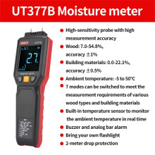 (UT377B) UNI-T UT377B Vochtdetector voor hout, pinnentype vochtigheidsmeter voor houten wanden en bouwmaterialen,