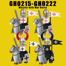(GH0215-GH0222) Średniowieczne klocki wojskowe, rycerze krzyżacy templariusze, figurki żołnierzy z końmi