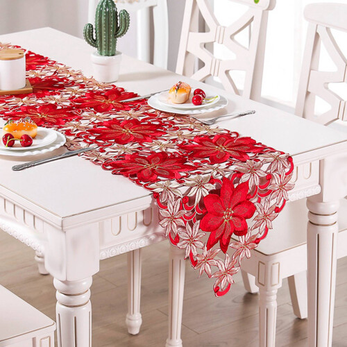 2X Christmas Embroidered Table Runner,Hollow-Out Tea Tablecloth,15X70 Inch 2