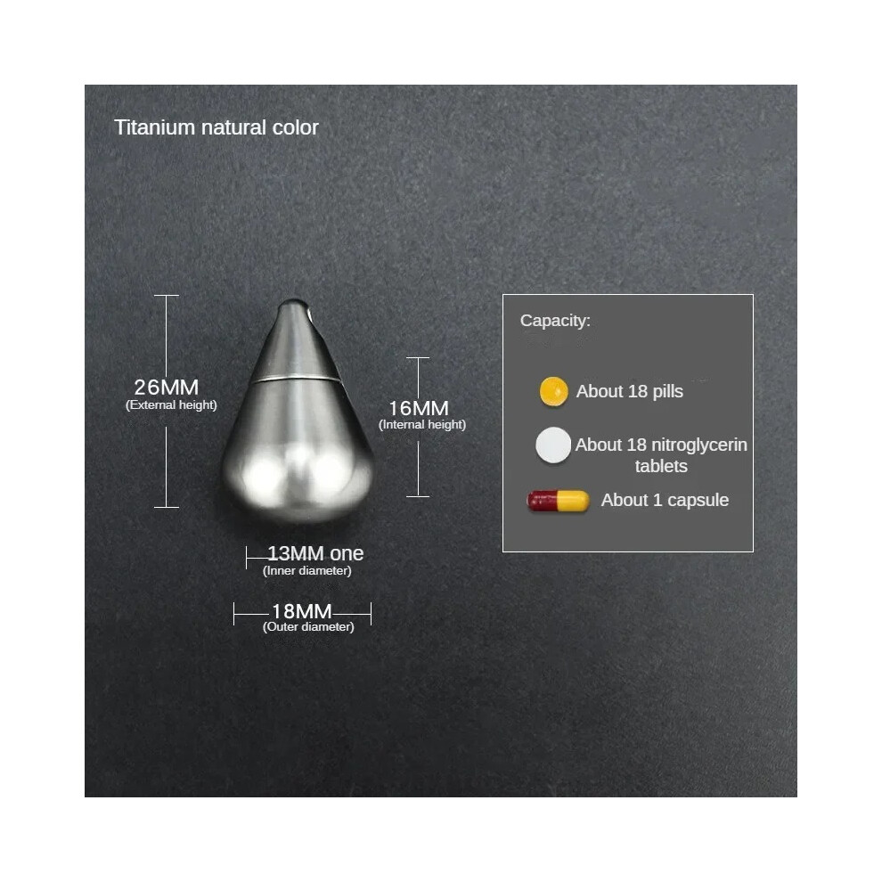 Stoyotu Silver (-Width) Mini Medicine Pill Box Pure Titanium Waterdrop Pendant Small Pill Bottle Portable Waterproof Multifunctional Tablet Container