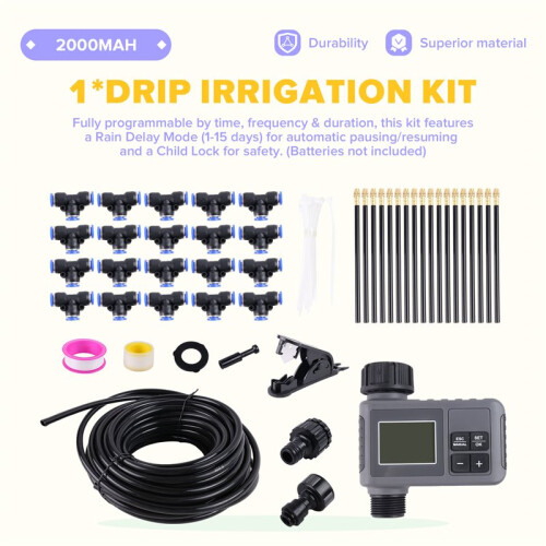 60Ft Drip Irrigation System with  Water Timer, Solid Brass Connectors, 360 Adjustable Nozzles, Bendable Tubing 2
