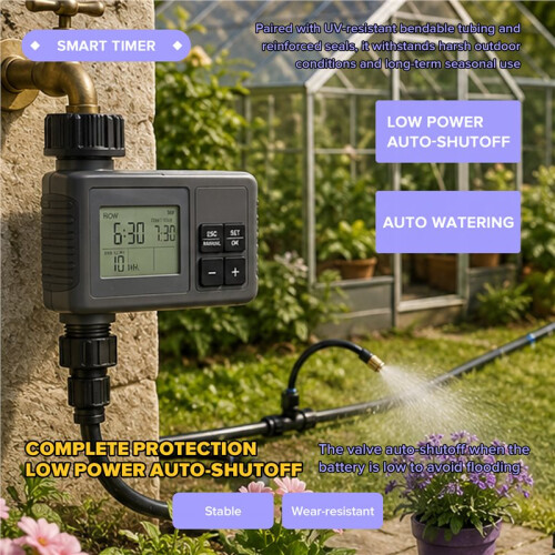 60Ft Drip Irrigation System with  Water Timer, Solid Brass Connectors, 360 Adjustable Nozzles, Bendable Tubing 2