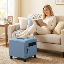 (Blue) HOMCOM Small Ottoman with Side Pocket Living Room
