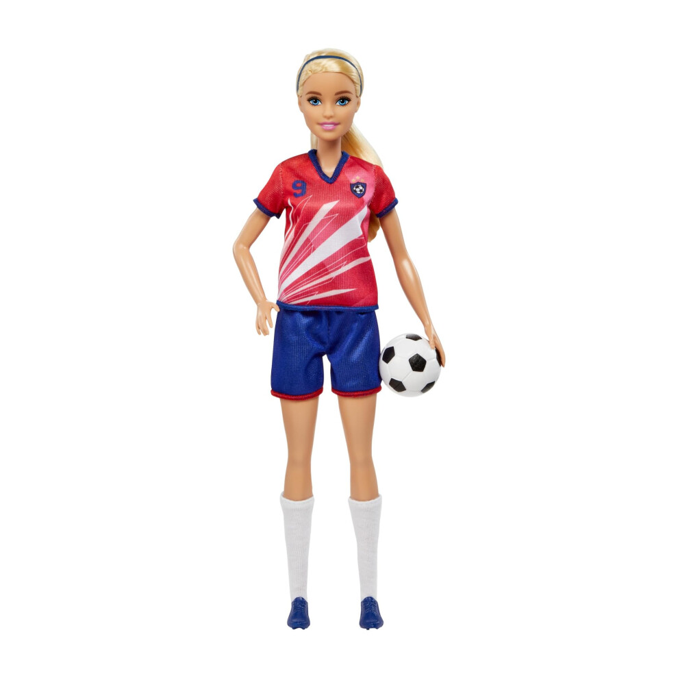 Barbie Careers Fashion Doll & Accessory, Soccer Player With Blonde Ponytail, #9 Uniform, Tall Socks, Cleats & Ball, Hcn17