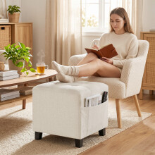 (Cream) HOMCOM Small Ottoman with Side Pocket Living Room